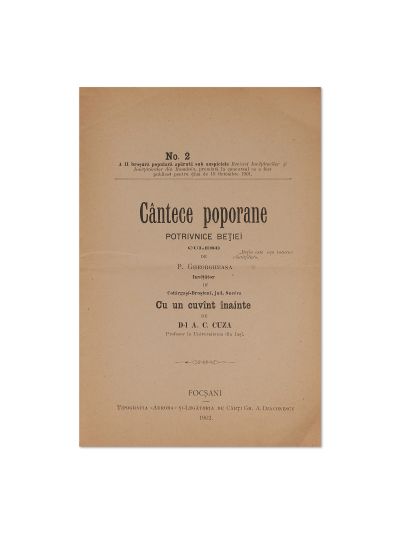 P. Gheorgheasa, Cântece poporane potrivnice beției, 1902