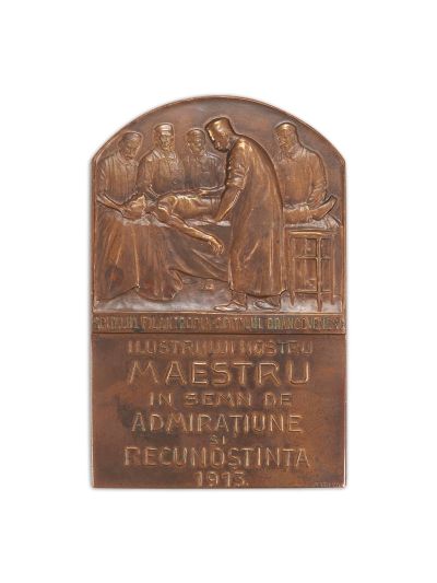 În amintirea doctorului A. Leonte, plachetă din bronz, 1913, gravor Radivon