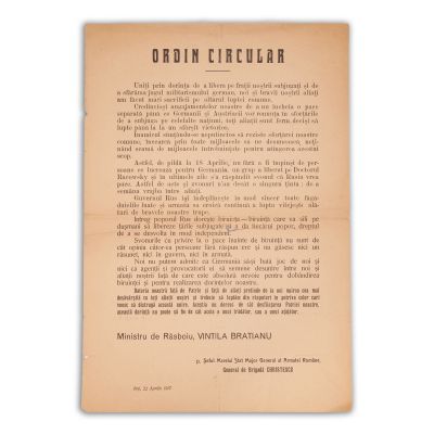 Vintilă Brătianu, ordin circular, 22 aprilie 1917