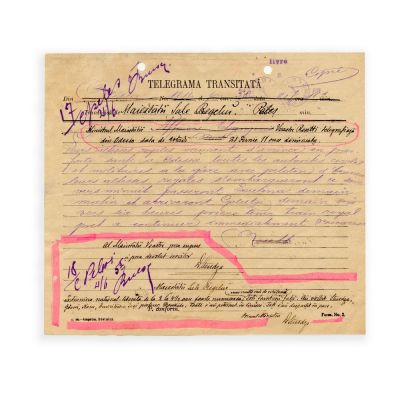 Telegramă trimisă Regelui de către D. Sturdza, cu text olograf