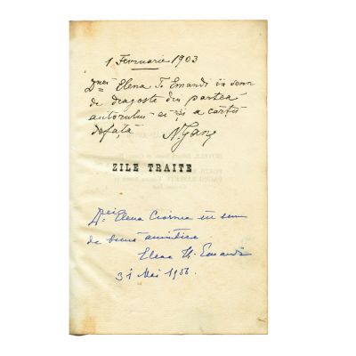 N. Gane, Zile trăite, cu dedicația olografă a autorului, 1903