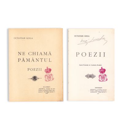 Octavian Goga, Poezii, 1907 + Ne cheamă pământul, 1909, cu ex-librisul regelui Carol I