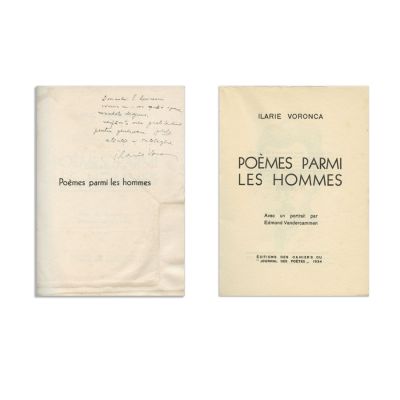 Ilarie Voronca, Poèmes parmi les hommes, 1934, exemplar numerotat, cu dedicație pentru Eugen Lovinescu
