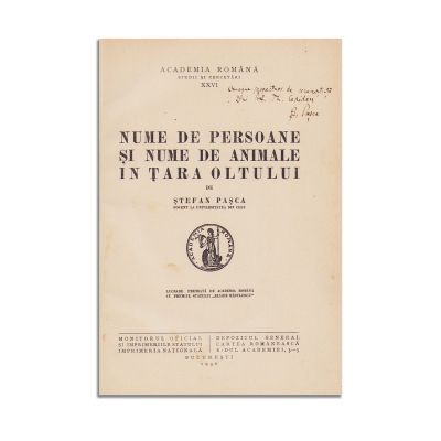 Ștefan Pașca, Nume de persoane și nume de animale în Țara Oltului, 1936, cu dedicație pentru Th. Capidan