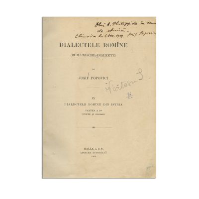 Josif Popovici, Dialecte române, 1909, cu dedicație pentru Alexandru Philippide