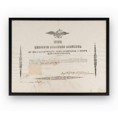Diplomă de confirmare a statutului de boier de neam, 1845, cu semnătura domnitorului Gheorghe Bibescu