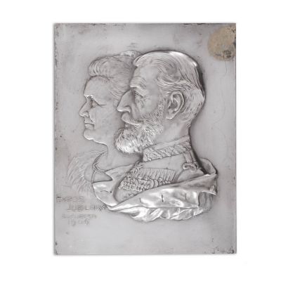 Regele Carol I și regina Elisabeta, plachetă din bronz argintat, gravor Robert Fessler