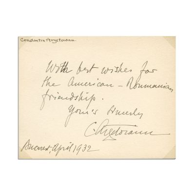Constantin Argetoianu, reproducere fotografica a acestuia si bilet cu însemnare olografă, 1932