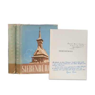 Siebenburgen, două volume, 1943, cu dedicația lui C. Giurescu pentru Marcel Romanescu