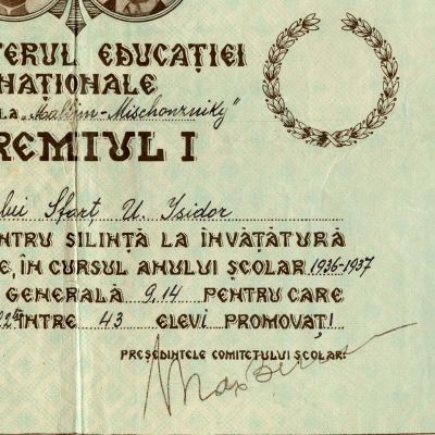 Sfarț U. Isidor, diplomă de merit, 1937