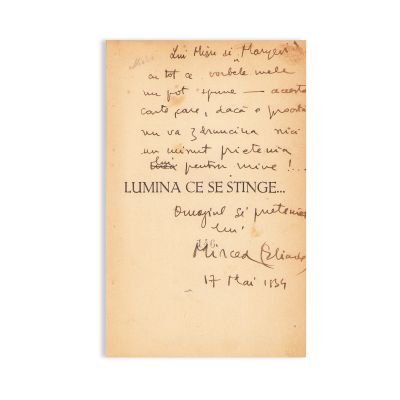 Mircea Eliade, Lumina ce se stinge, 1934, cu dedicație olografă