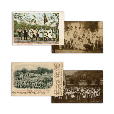Grupuri de țărani la horă, patru cărți poștale, din seria Salutări din România, cca. 1900 