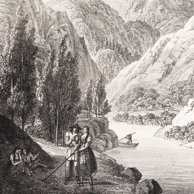 Dunărea în apropierea Orșovei, litografie, desenator F. Wolf, 1826
