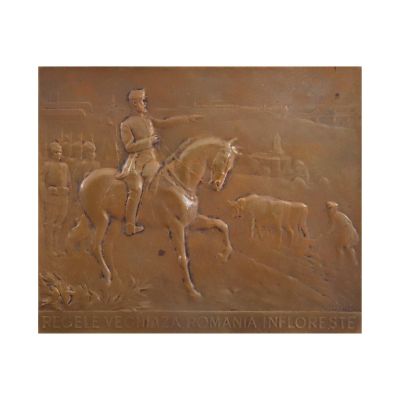 „Regele veghează, România înflorește”, plachetă din bronz, gravor Louis Stelmans, 1906