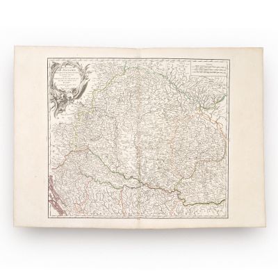 Harta Regatului Ungariei, a Principatului Transilvaniei, Slovaciei și Croației, gravură în cupru colorată manual, cartograf Didier Robert de Vaugondy, 1751 