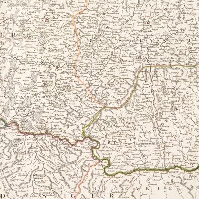 Harta Regatului Ungariei, a Principatului Transilvaniei, Slovaciei și Croației, gravură în cupru colorată manual, cartograf Didier Robert de Vaugondy, 1751 