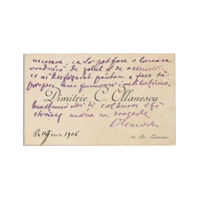 Dimitrie C. Ollănescu, carte de vizită cu o însemnare olografă, 1906
