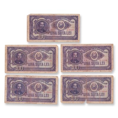 100 lei 1952, cinci bancnote circulate