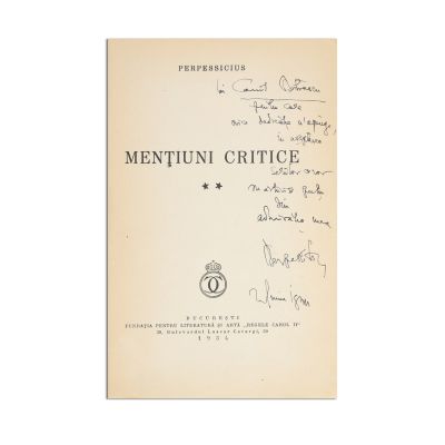 Perpessicius - Dumitru S. Panaitescu, Mențiuni critice, 5 volume, cu dedicație pentru Camil Petrescu