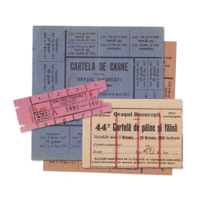 Trei cartele pentru carne, pâine și făină din Primul Război Mondial + bilet pentru tramvai din 1891