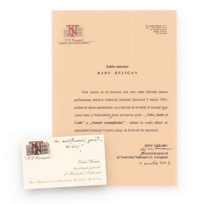 Dinu Săraru, adresă pentru Radu Beligan + carte de vizită cu însemnare olografă
