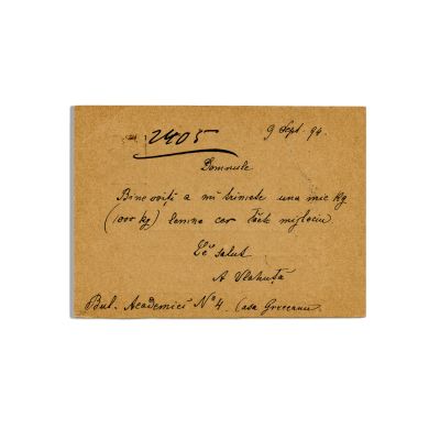 Alexandru Vlahuță, carte poștală către Magazinul de Lemne Lessel, 1894