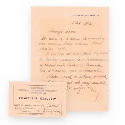 Alexandru Marghiloman, scrisoare și carte de intrare expediate farmacistului Gabriel Dimitriu, 1922