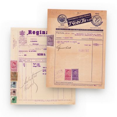 Fabrica de Ciocolată și Derivate „Regina Maria” + Tipografia Curții Regale „F. Gobl Fii”, două facturi, 1941-1943