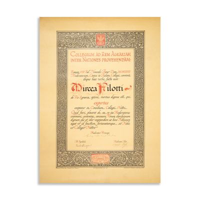Mircea Filotti, diplomă de recrutare în consiliul Colegiului pentru promovarea afacerilor agrare între națiuni, 1927