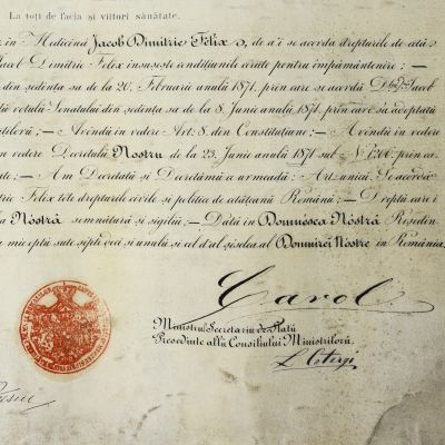 Iacob Dimitrie Felix, diplomă de încetățenire, cu semnătura regelui Carol I, 5 septembrie 1871