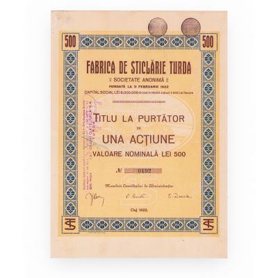 Societatea „Fabrica de Sticlărie Turda”, titlu la purtător în valoare de 500 lei