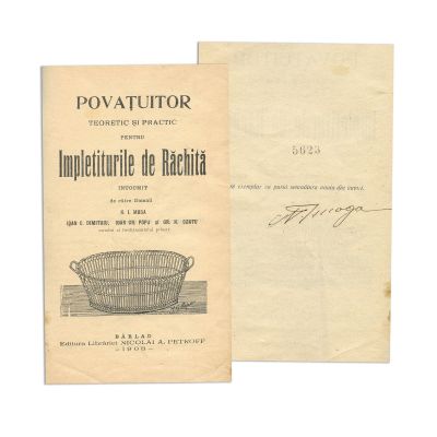N. I. Moga, Povățuitor teoretic și practic pentru împletiturile de răchită, 1908, cu semnătura autorului