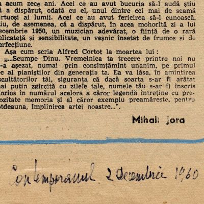 Mihail Jora, articol despre Dinu Lipatti, cu semnătură olografă