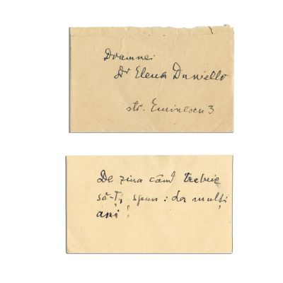 Lucian Blaga, bilet pentru Elena Daniello + plicul cu însemnarea Elenei Daniello, 1952