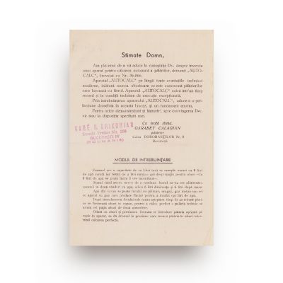 Broșură de prezentare a aparatului de călcat „Autocalc”, inventator Garabet Calagian