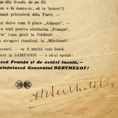 Generalul H. M. Berthelot, fotografie tip carte poștală + meniul cu semnătură olografă, 1927