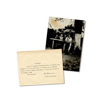 M. Sadoveanu, George Topîrceanu, Otilia Cazimir, fotografie de epocă + delegație semnată olograf, 1957