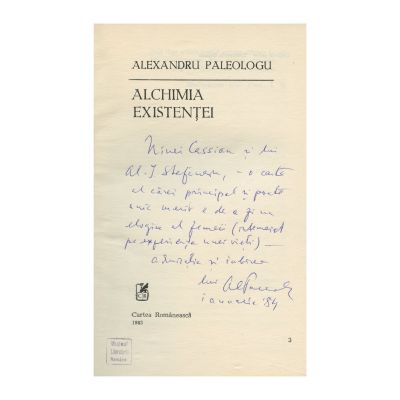 Alexandru Paleologu, Alchimia existenței, 1983, cu dedicație pentru Nina Cassian 