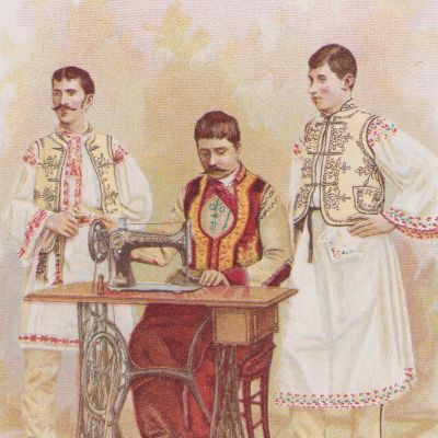 Două reclame tip carte poștală pentru mașinile de cusut Singer din România, 1892