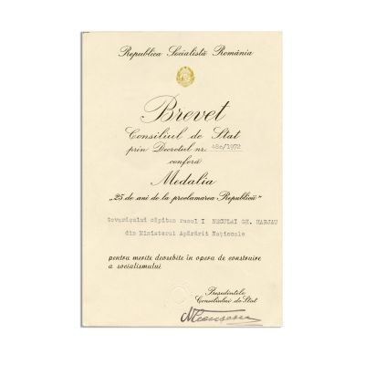 Neculai Gh. Harjau, brevet pentru Medalia „25 de ani de la proclamarea Republicii”, 1972