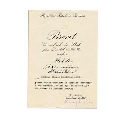 Mircea Constantin Aurel, brevet pentru Medalia „A XX-a aniversare a eliberării Patriei”, 1964 