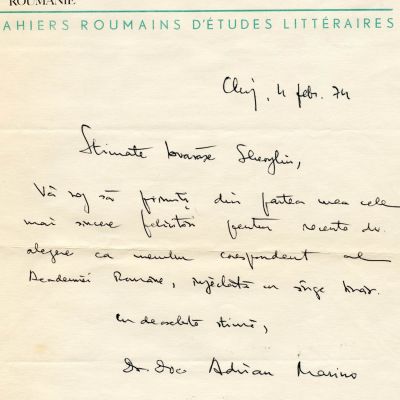 Adrian Marino, scrisoare expediată lui Gheorghiu, 4 februarie 1974