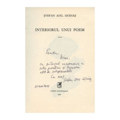 Ștefan Augustin Doinaș, Interiorul unui poem, 1990, cu dedicație pentru Nina Cassian