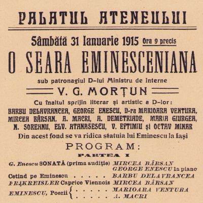 „O seară eminesciană” la Ateneu, programul premierei filmului „Eminescu”, 31 ianuarie 1915