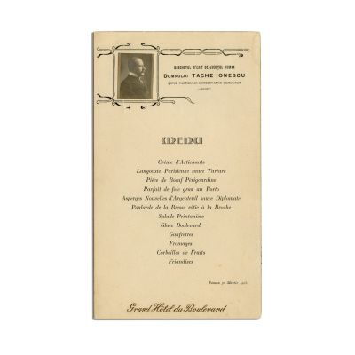 Meniul banchetului oferit de județul Roman, cu semnătura olografă a lui Take Ionescu, 1908