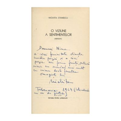 Nichita Stănescu, O viziune a sentimentelor, 1964, cu dedicație pentru Nina Cassian