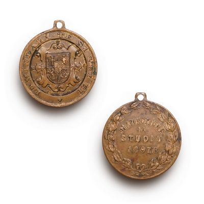 Distincție la studiu pe anul 1897/8, medalion din bronz, gravor Carniol Fiul
