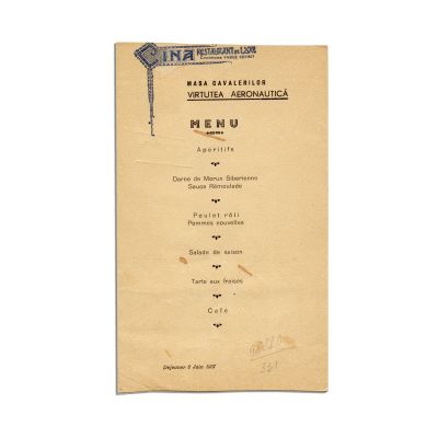 Meniul mesei cavalerilor „Virtutea Aeronautică”, cu semnătura olografă a regelui Carol al II-lea, a principelui Mihai I și a lui Gheorghe Tătărăscu, 1937
