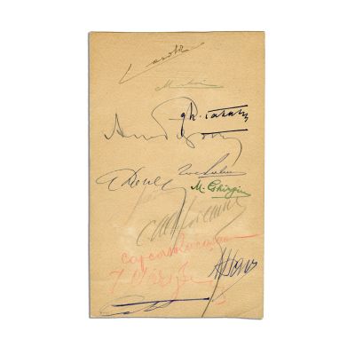 Meniul mesei cavalerilor „Virtutea Aeronautică”, cu semnătura olografă a regelui Carol al II-lea, a principelui Mihai I și a lui Gheorghe Tătărăscu, 1937