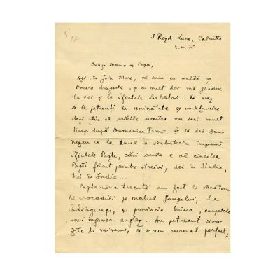 Mircea Eliade, scrisoare din Calcutta pentru părinți, 1931
